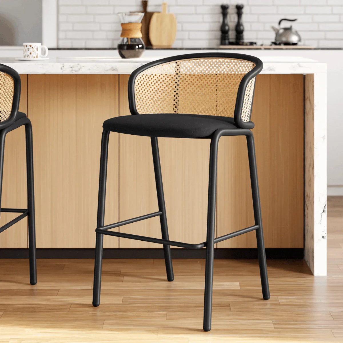 Ervilla Mid-Century Modern Wicker Bar Stool with Fabric Seat and Black Powder Coated Steel Frame - Elax Furniture
