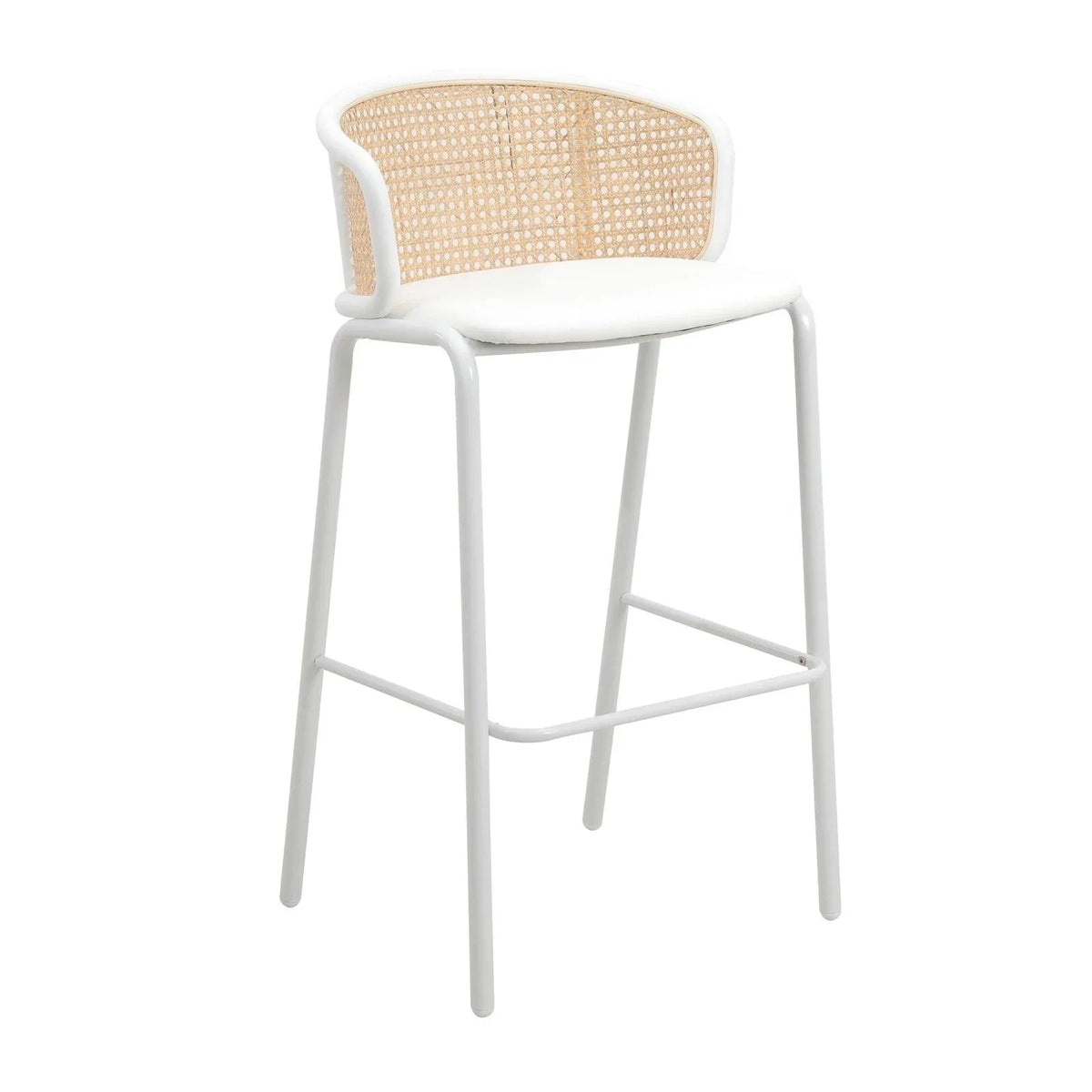 Ervilla Modern Wicker Bar Stool with Fabric Seat and White Powder Coated Steel Frame - Elax Furniture