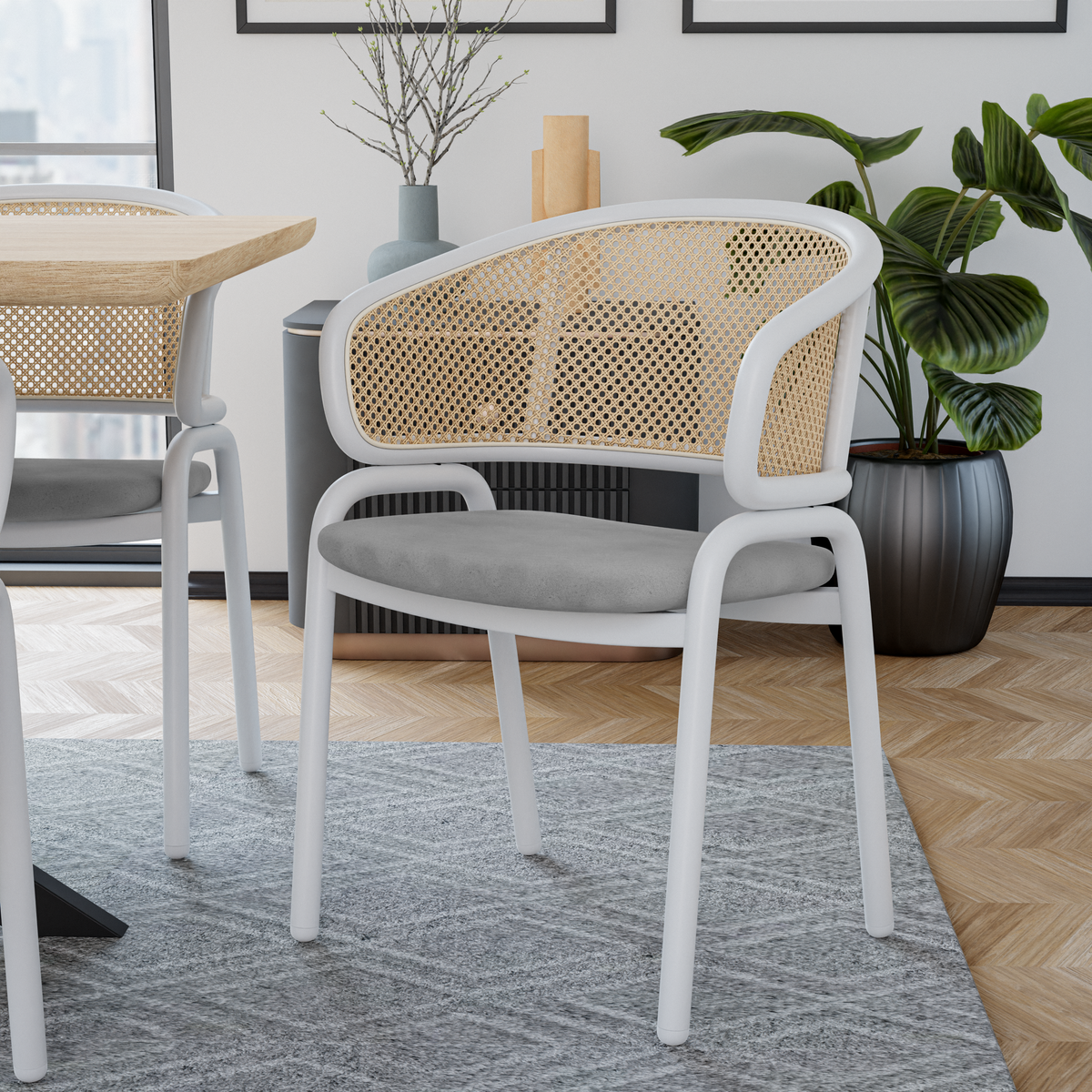 Ervilla Velvet Dining Armchair with Steel Legs and Wicker Back White Brown Grey Dining Chair Leisuremod