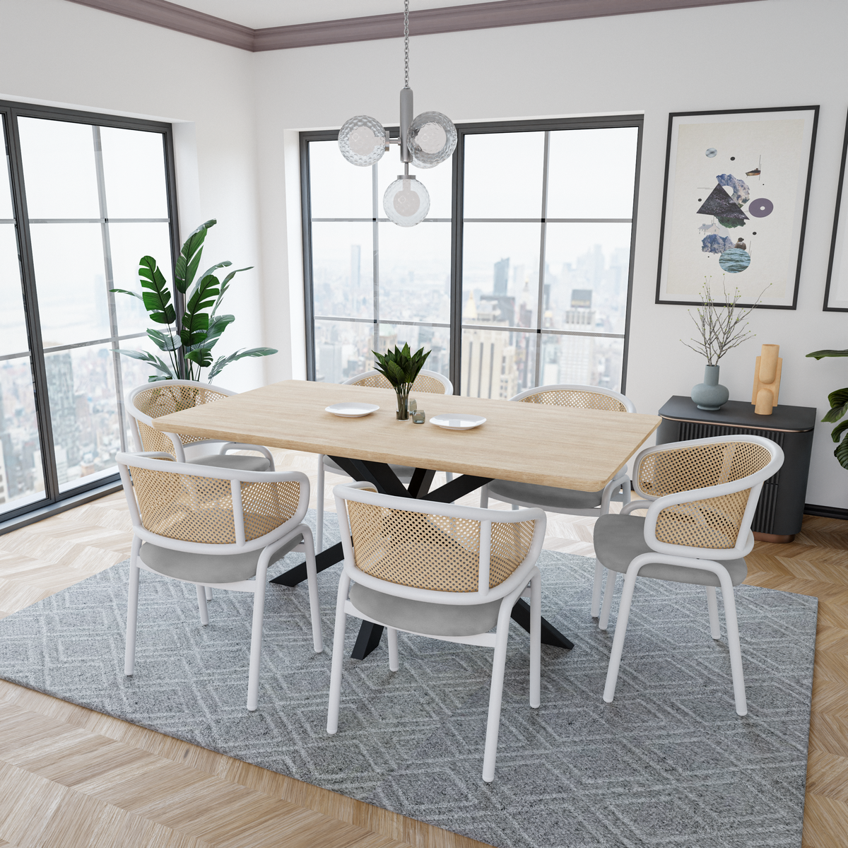 Ervilla Velvet Dining Armchair with Steel Legs and Wicker Back White Brown Grey Dining Chair Leisuremod