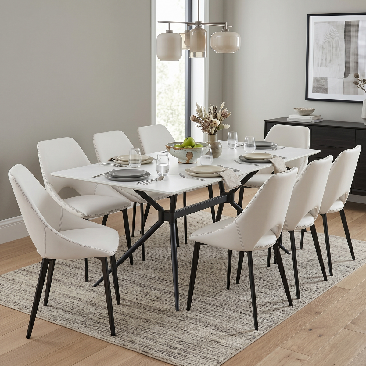 Elega Rectangular Dining Table with Sintered Stone Top and Black Steel Base