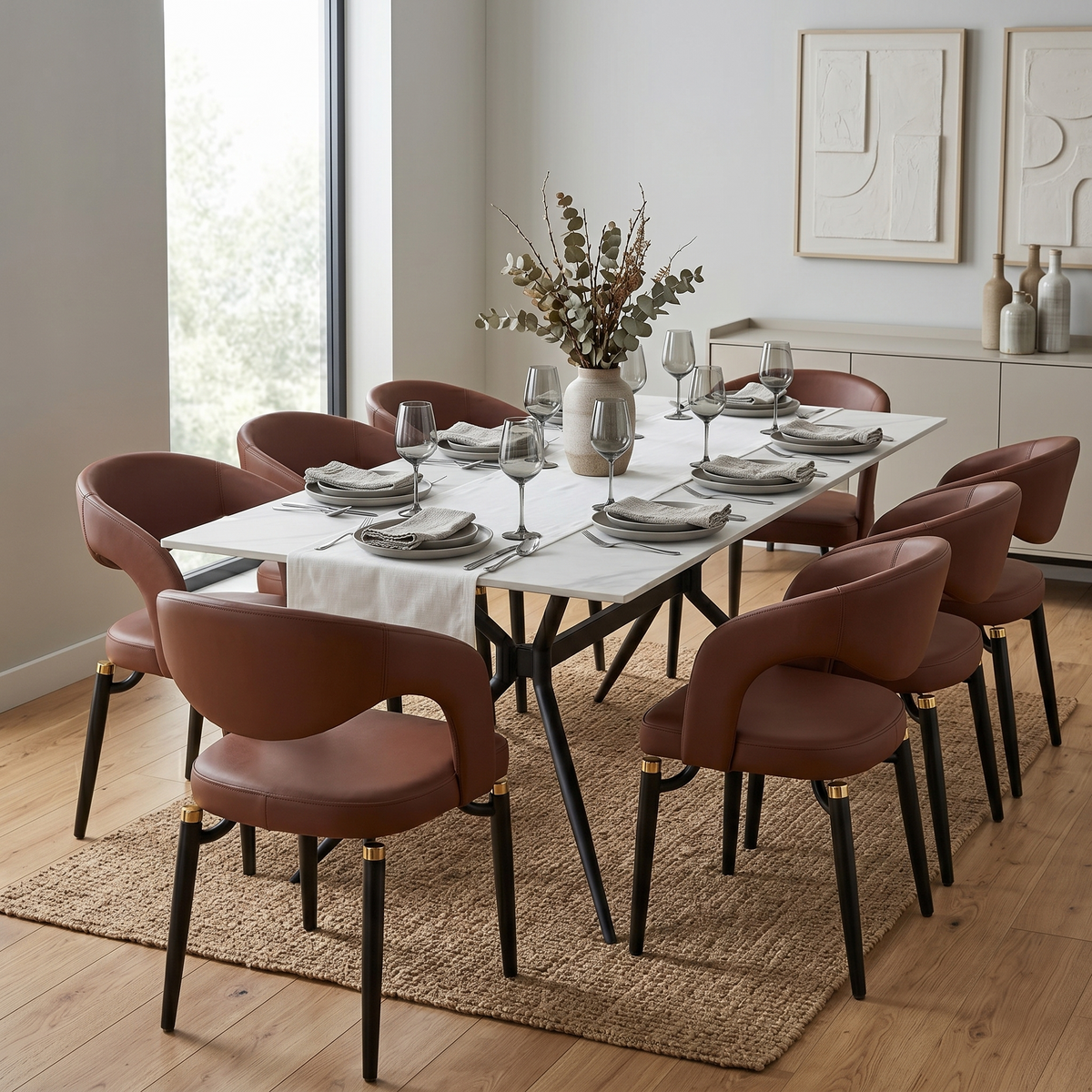 Elega Rectangular Dining Table with Sintered Stone Top and Black Steel Base
