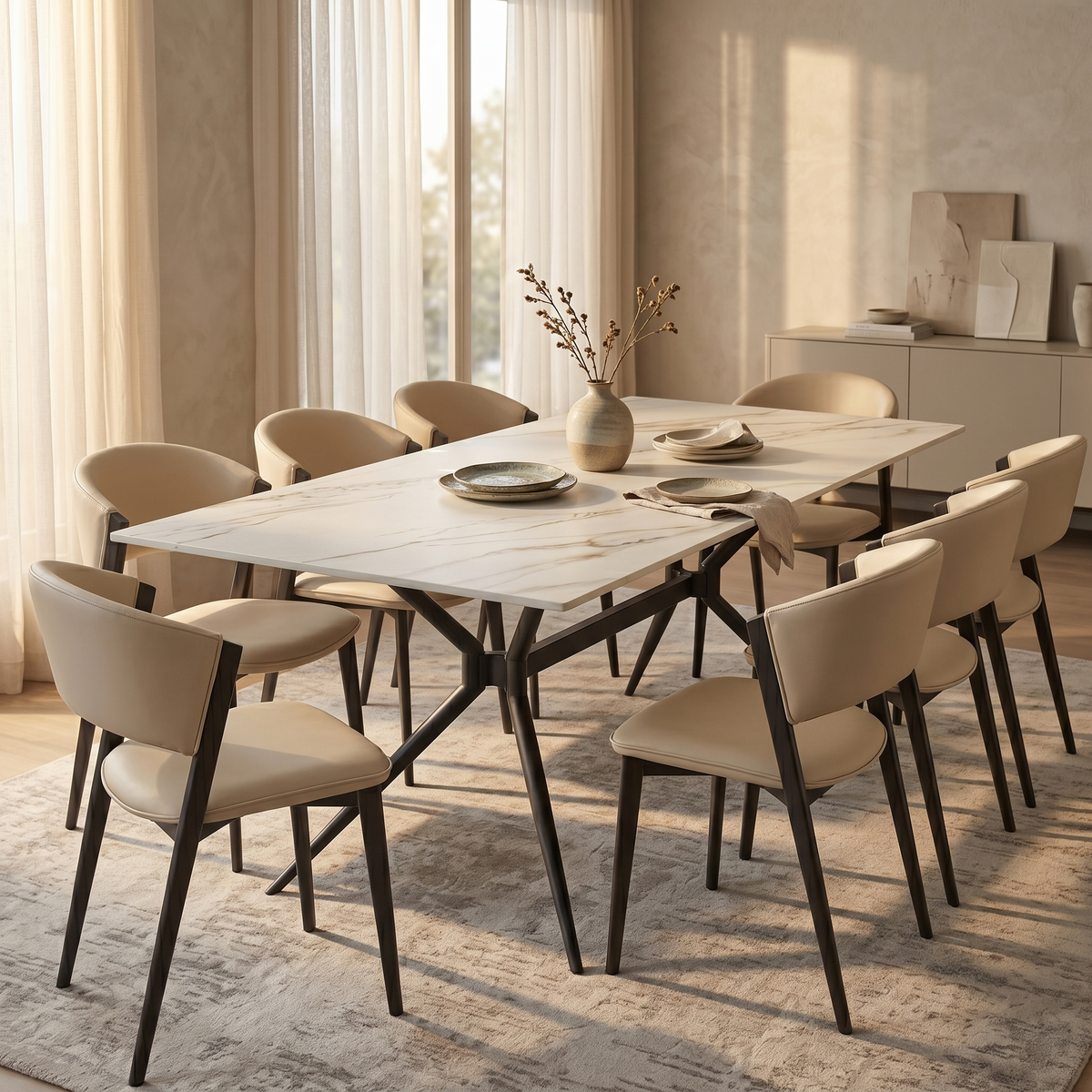 Elega Rectangular Dining Table with Sintered Stone Top and Black Steel Base