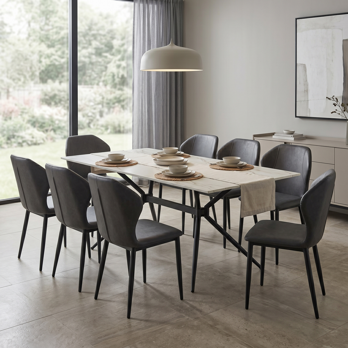 Elega Rectangular Dining Table with Sintered Stone Top and Black Steel Base