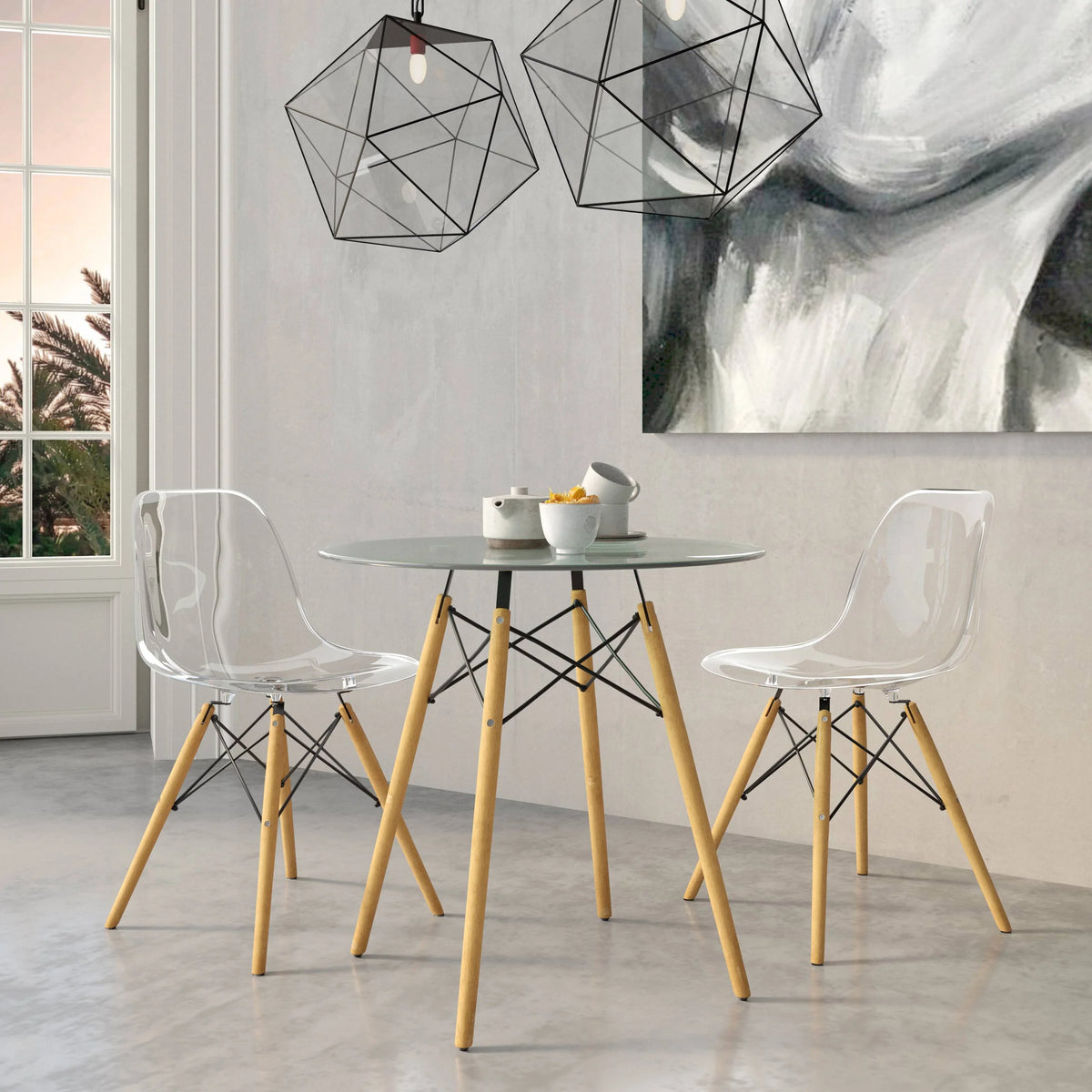 Dover 3-Piece Dining Set with Round Clear Glass Top Bistro Table and 2 Plastic Chairs - Elax Furniture