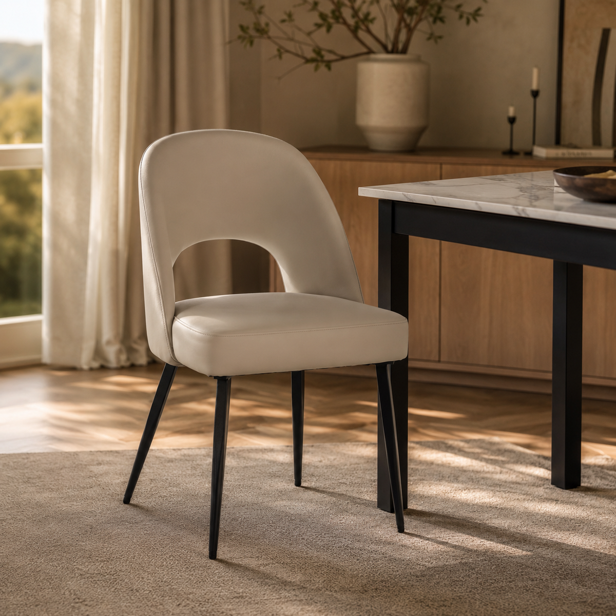 Fest Leather Dining Chairs Curved Open-Back Design with Black Steel Legs