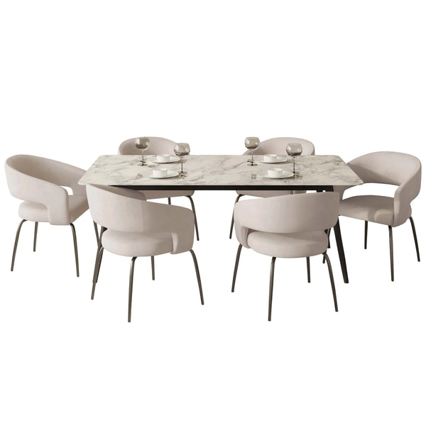 Zayle 7-Piece Dining Set with Rectangular Sintered Stone Dining Table and 6 Velvet Dining Chairs with Iron Base - Elax Furniture