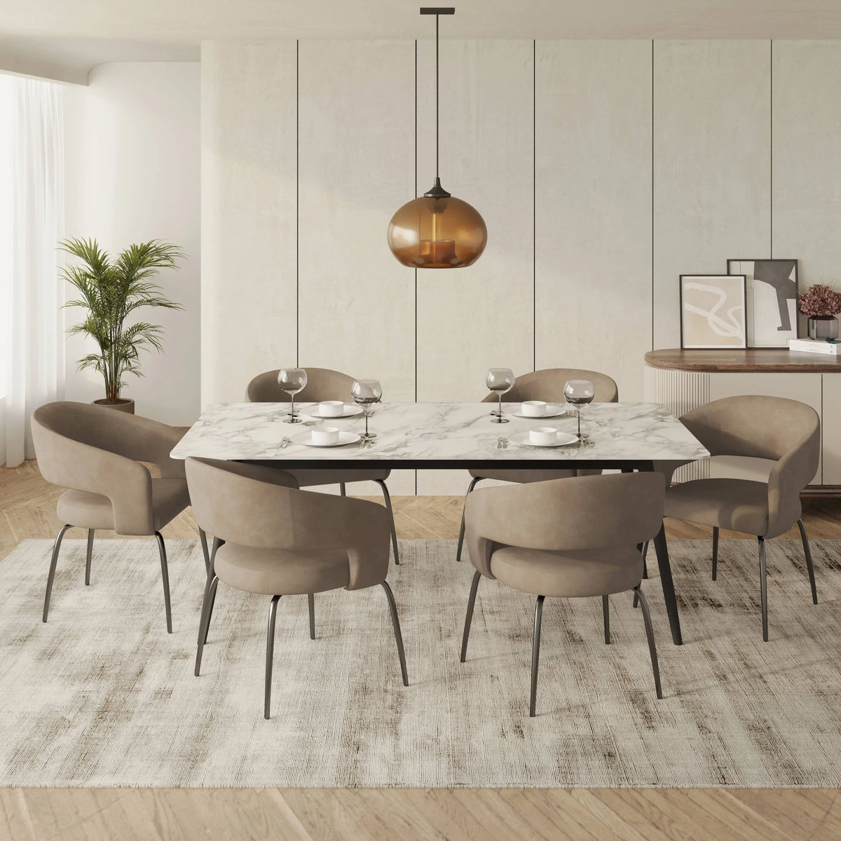 Zayle 7-Piece Dining Set with Rectangular Sintered Stone Dining Table and 6 Velvet Dining Chairs with Iron Base - Elax Furniture