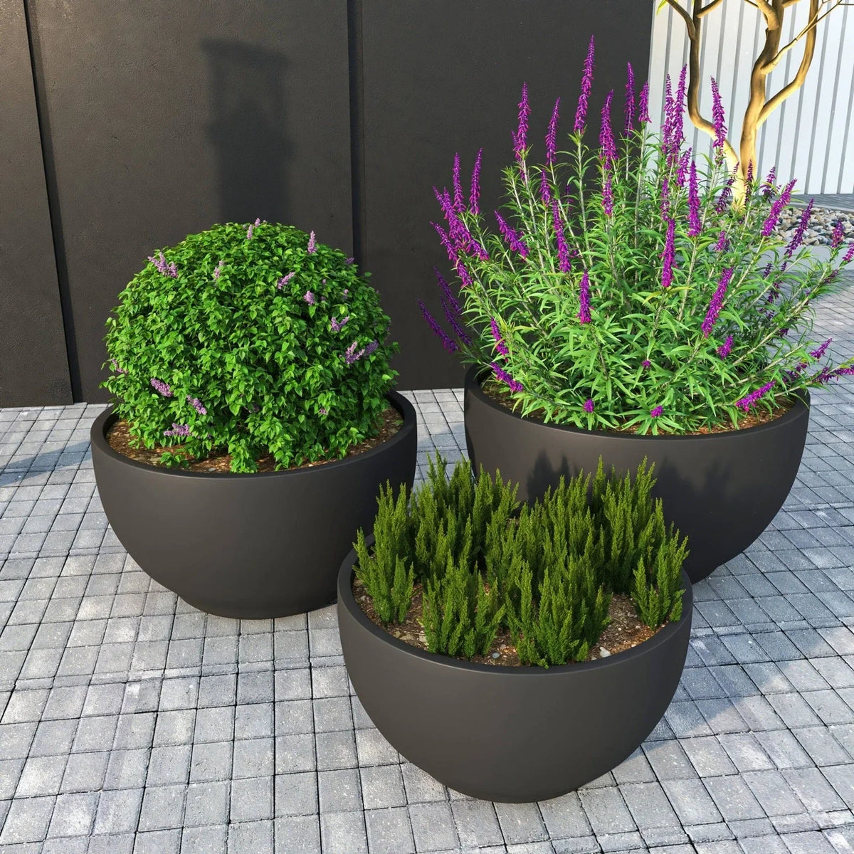 Grove Modern 3-Piece Round Planter Set in Fiberstone Weather Resistant Design - Elax Furniture