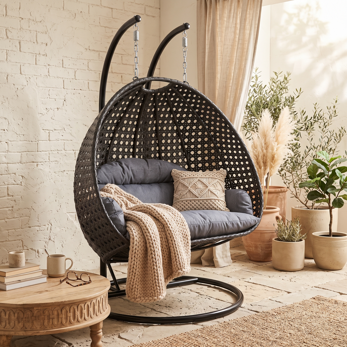 Modern Charcoal Wicker Hanging Double Seater Egg Swing Chair