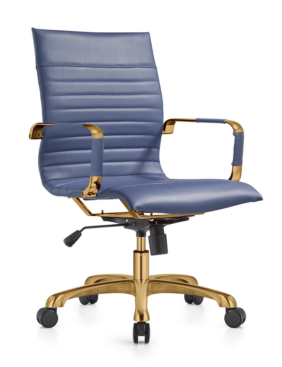 Harris Mid-Back Leather Adjustable Office Conference Chair with Armrests Gold Navy Blue Office Chair Leisuremod