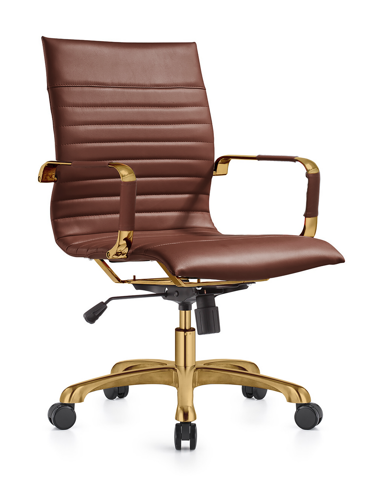 Harris Mid-Back Leather Adjustable Office Conference Chair with Armrests Gold Dark Brown Office Chair Leisuremod