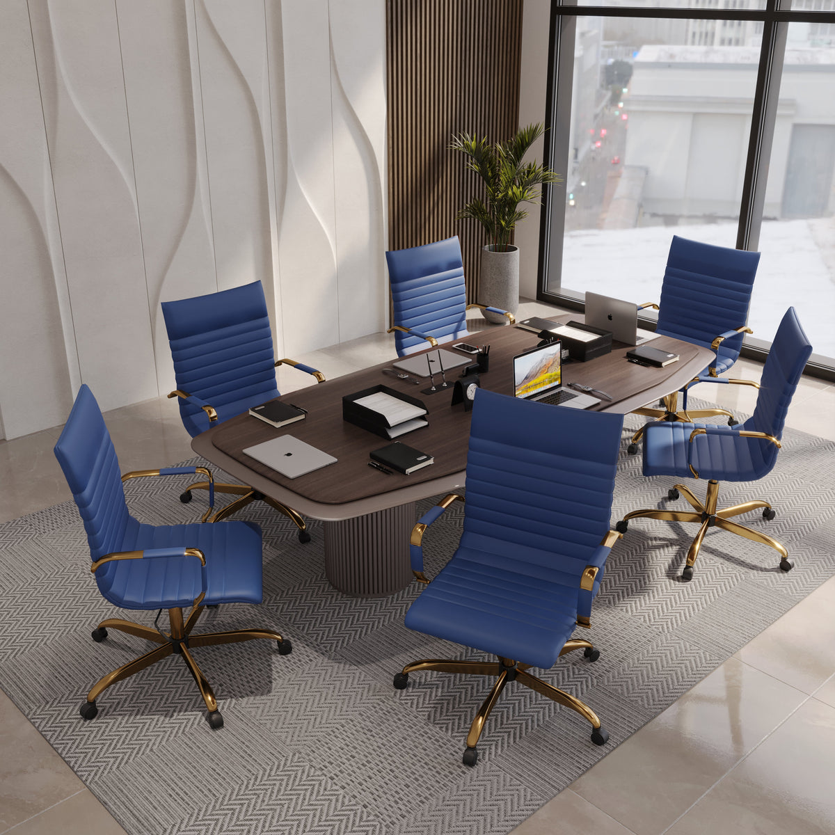 Harris Leather High-Back Adjustable Office Conference Chair with Armrests Gold Navy Blue Office Chair Leisuremod