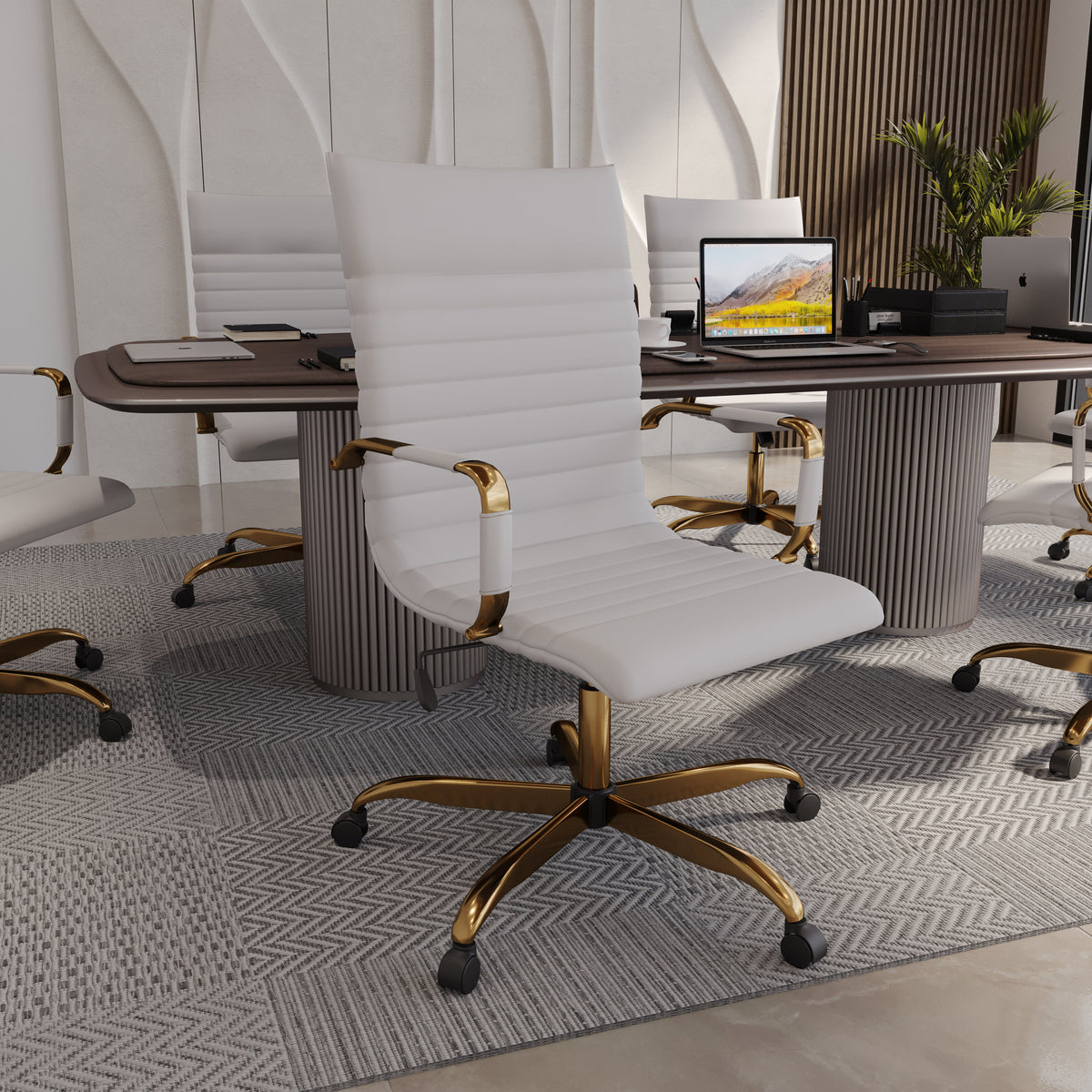 Harris Leather High-Back Adjustable Office Conference Chair with Armrests Gold White Office Chair Leisuremod