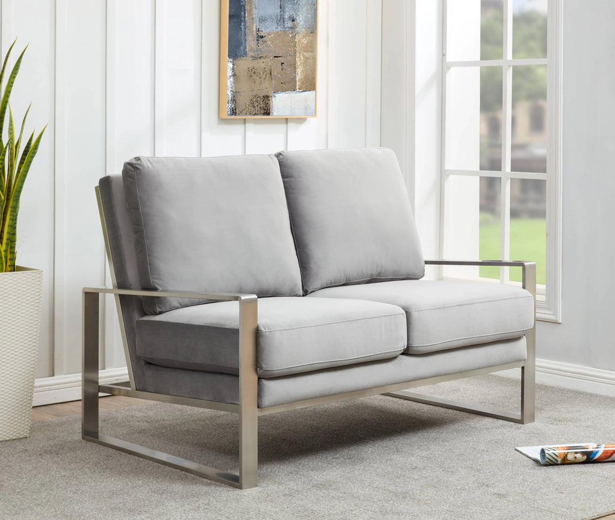 Jefferson Contemporary Velvet/Leather Loveseat with Stainless Steel Frame - Elax Furniture