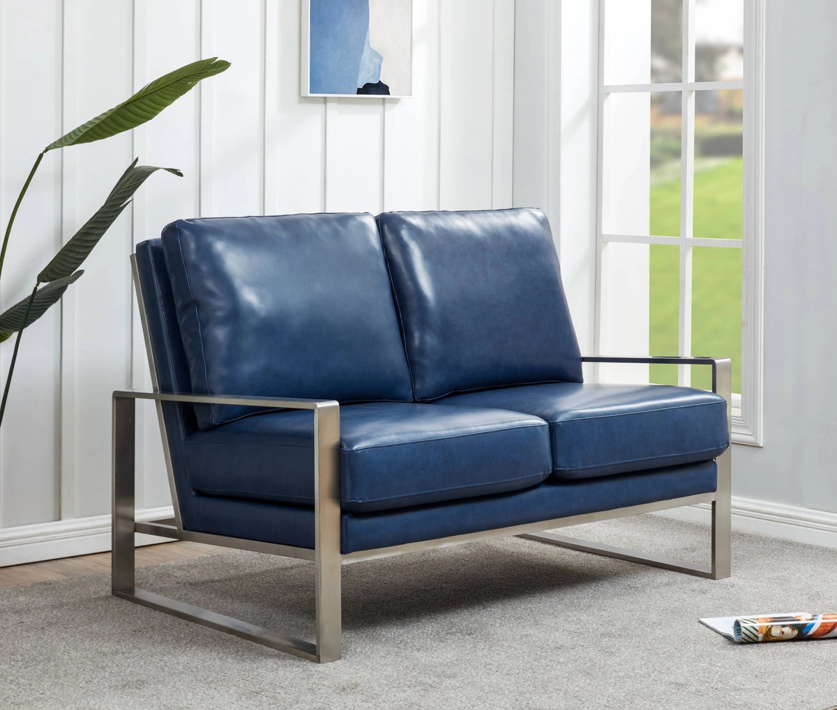 Jefferson Contemporary Velvet/Leather Loveseat with Stainless Steel Frame - Elax Furniture