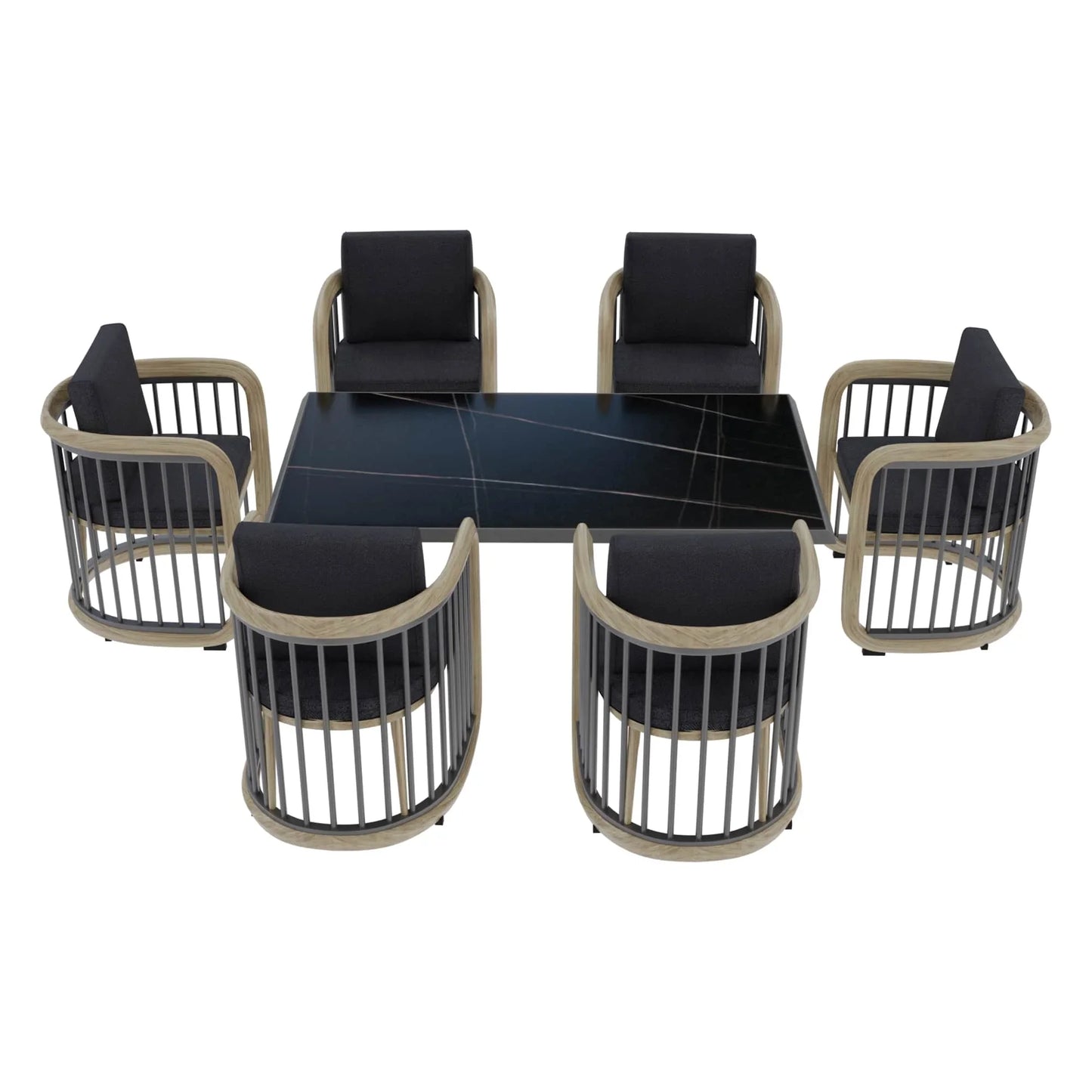 LeisureMod Klyra 7-Piece Aluminum Dining Set with 1 Rectangular Dining Table and 6 Dining Chairs in Grey - Elax Furniture