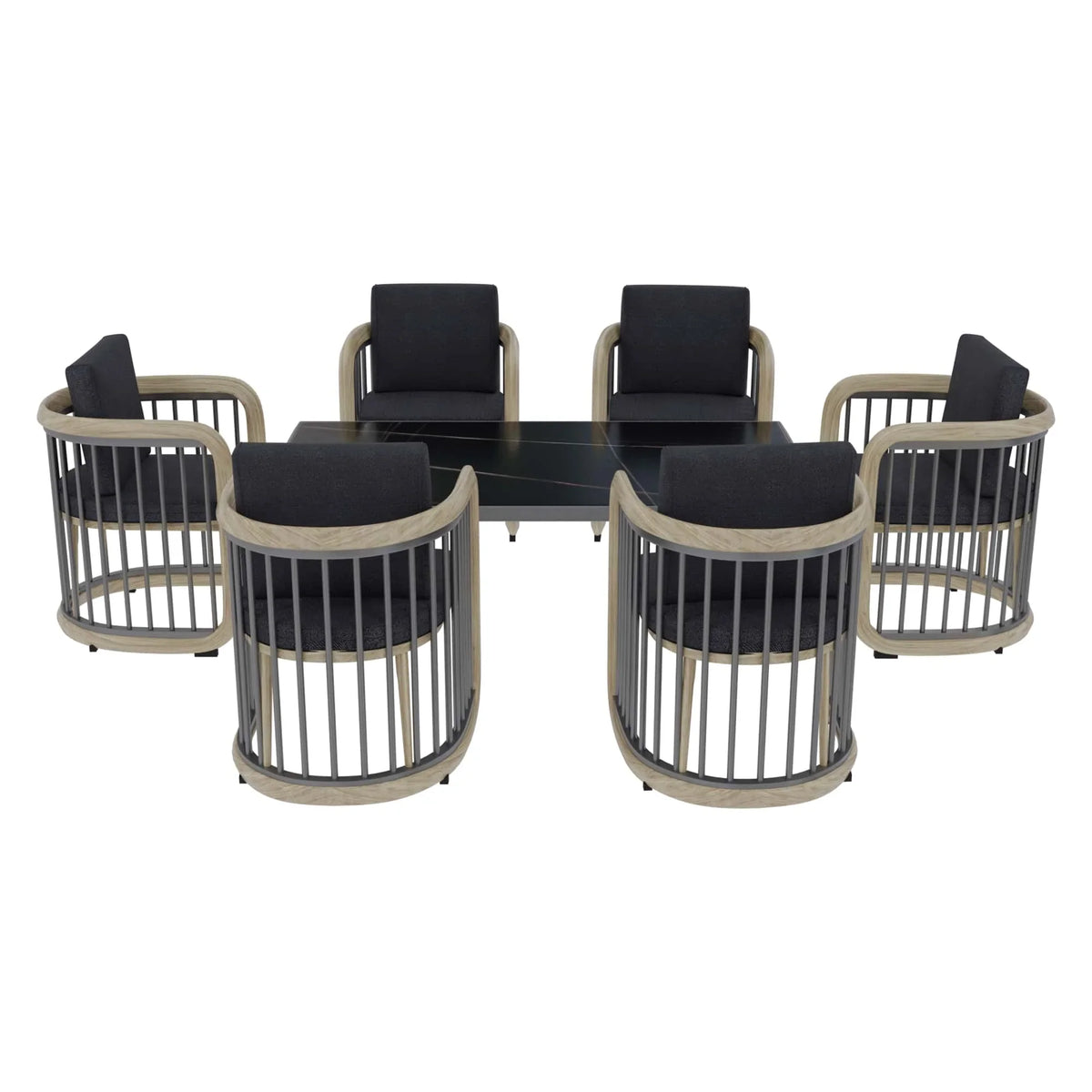 LeisureMod Klyra 7-Piece Aluminum Dining Set with 1 Rectangular Dining Table and 6 Dining Chairs in Grey - Elax Furniture