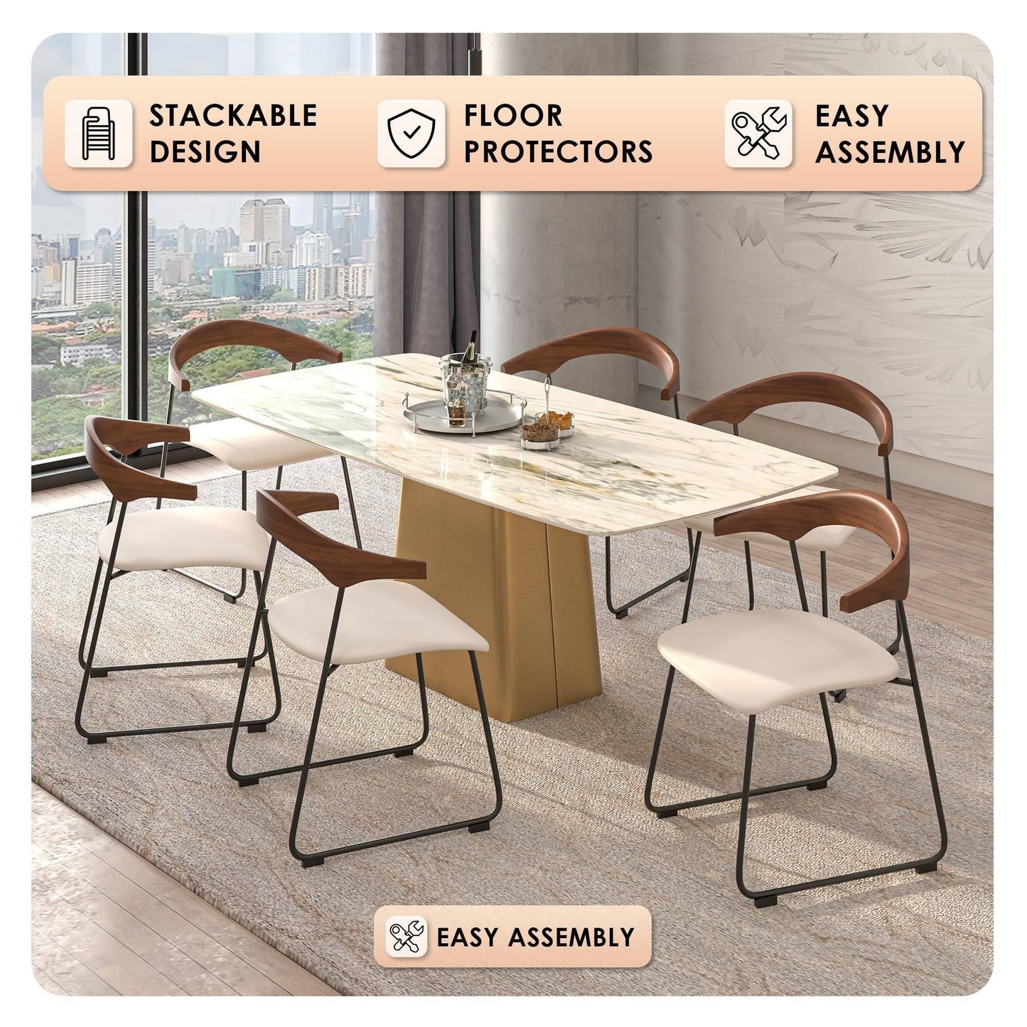 Lyra Dining Chair Upholstered Leather with Iron Legs, Set of 4 - Elax Furniture