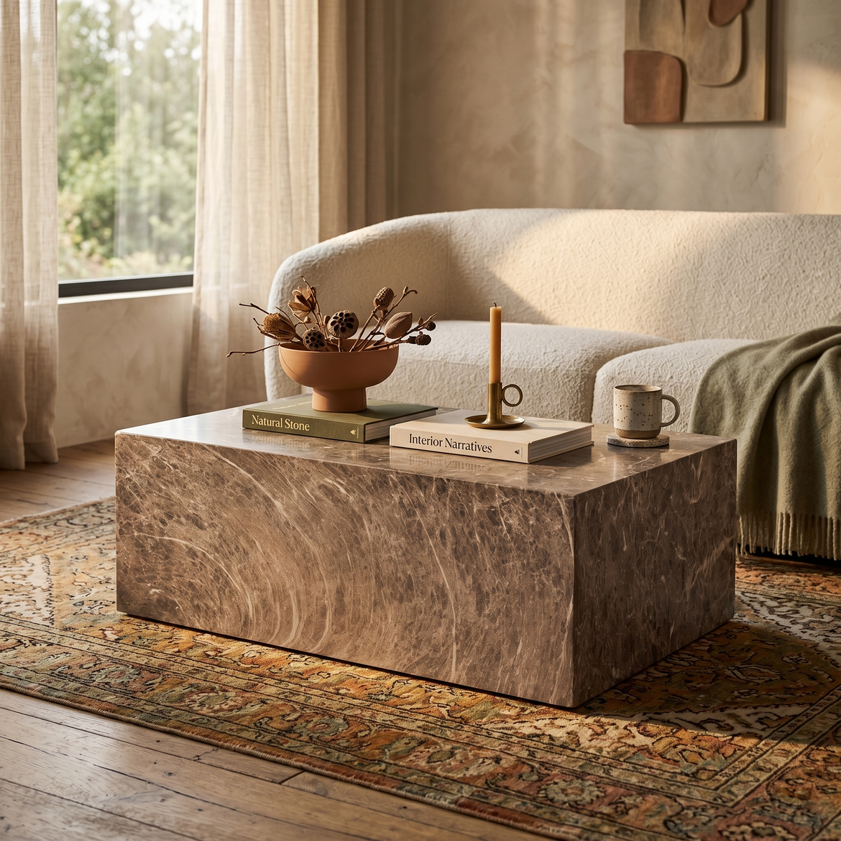 Maya Collection Fiberstone Outdoor/Indoor Rectangular Coffee Table in Travertine