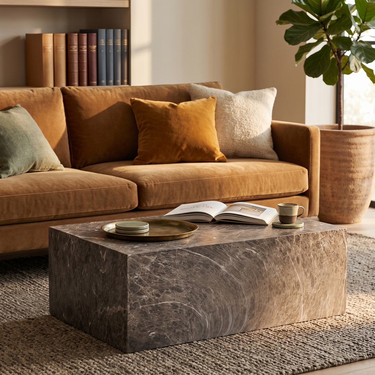 Maya Collection Fiberstone Outdoor/Indoor Rectangular Coffee Table in Travertine