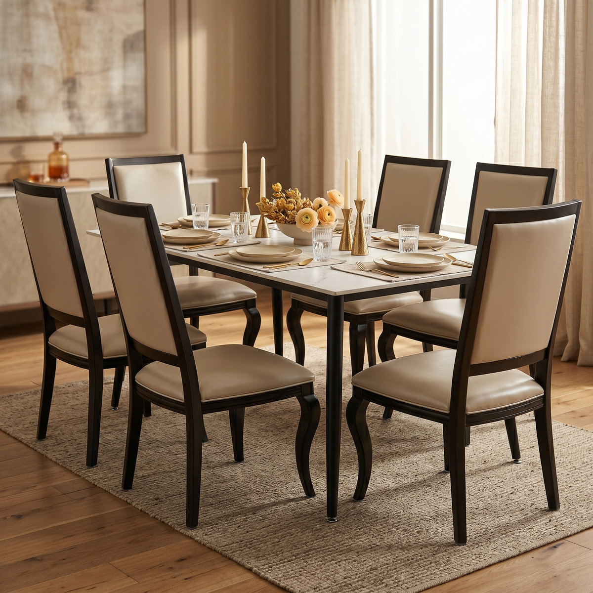 Madera Dining Chair with Leather Seat and Aluminum Crown Design Legs in Walnut Finish