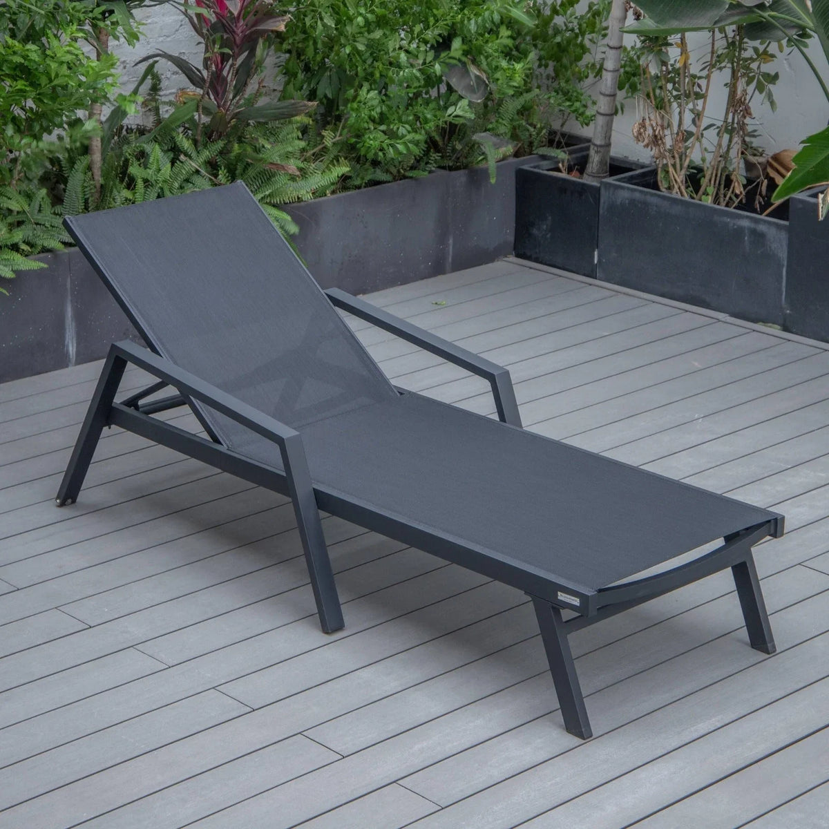 Marlin Modern Black Aluminum Outdoor Chaise Lounge Chair Set of 2 With Arms and Square Fire Pit Side Table for Patio - Elax Furniture