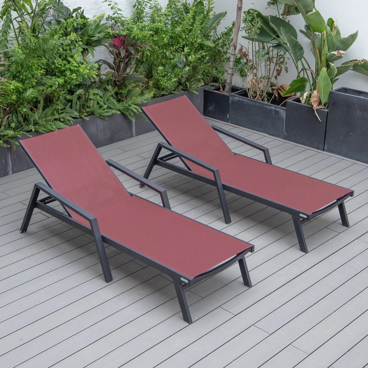 Marlin Patio Chaise Lounge Chair with Armrests in Black Aluminum Frame, Set of 2 - Elax Furniture