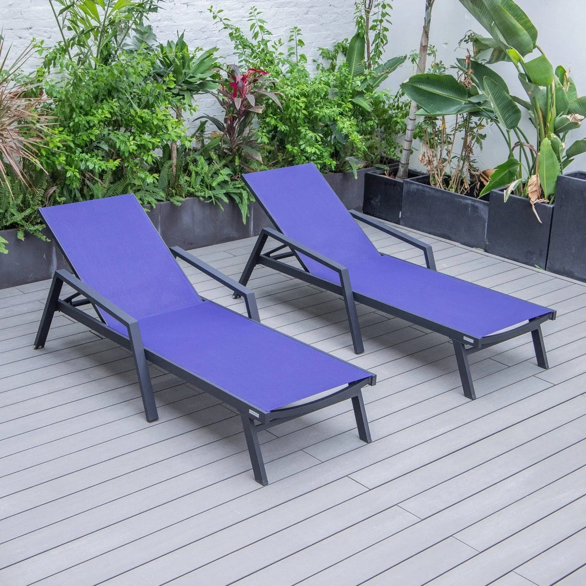 Marlin Patio Chaise Lounge Chair with Armrests in Black Aluminum Frame, Set of 2 - Elax Furniture