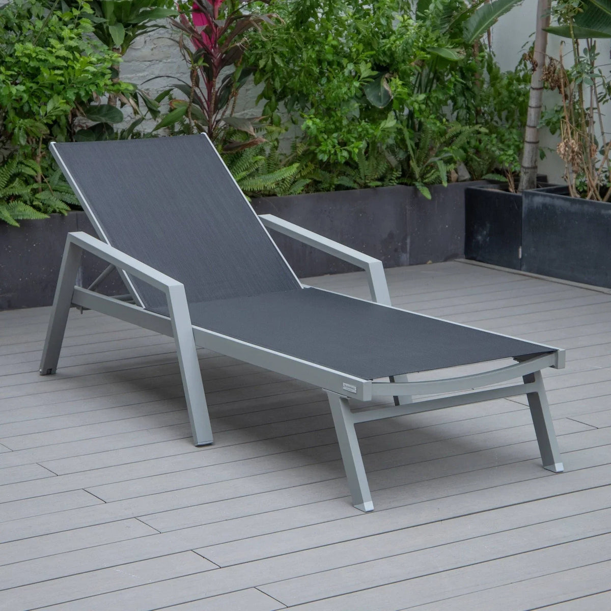 Marlin Modern Grey Aluminum Outdoor Chaise Lounge Chair Set of 2 With Arms and Square Fire Pit Side Table for Patio - Elax Furniture