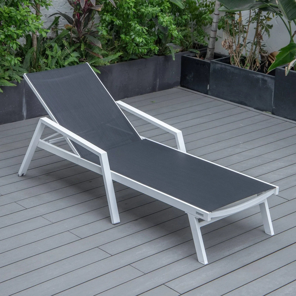 Marlin Modern White Aluminum Outdoor Chaise Lounge Chair Set of 2 With Arms And Square Fire Pit Side Table for Patio - Elax Furniture