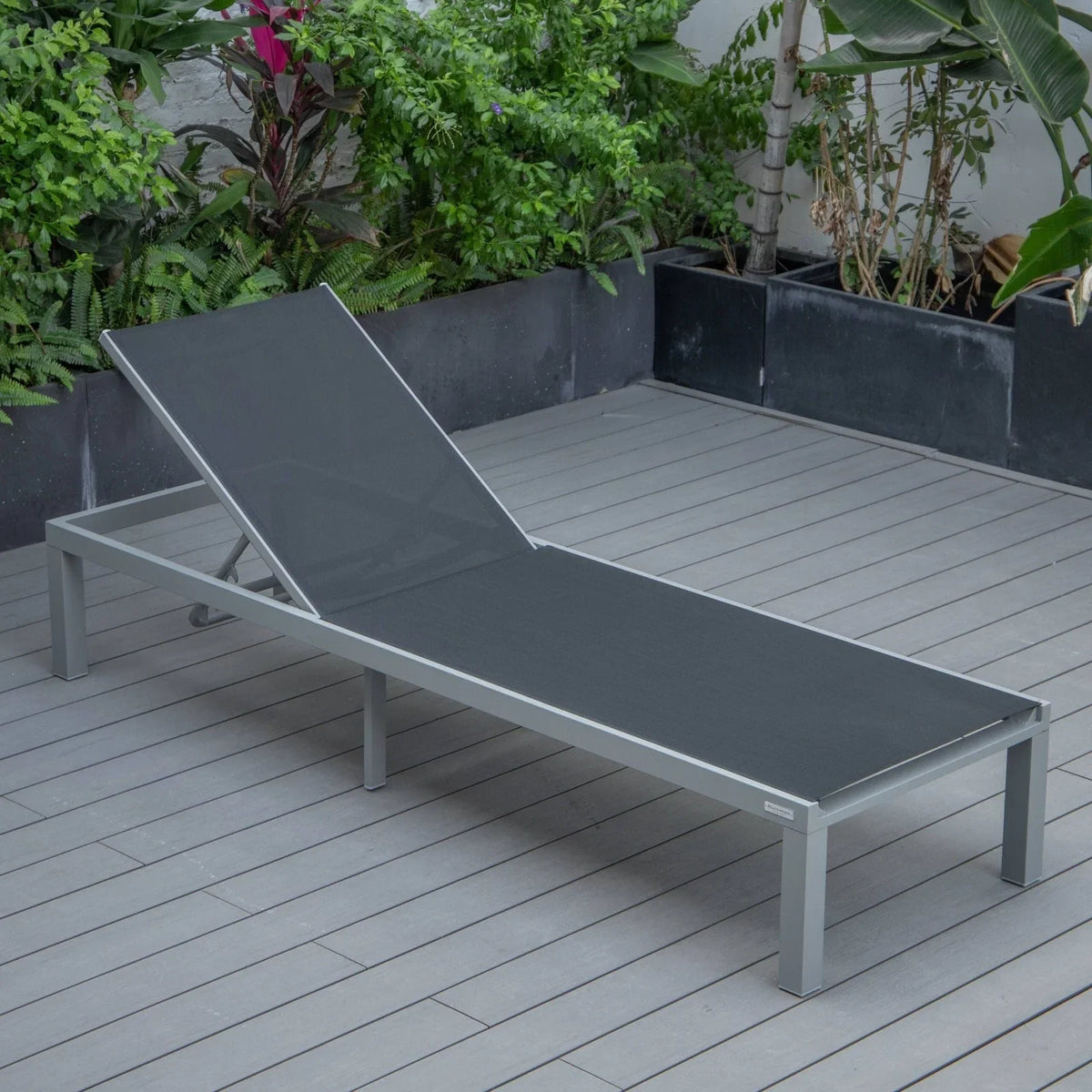 Marlin Modern Gray Aluminum Outdoor Chaise Lounge Chair With Square Fire Pit Side Table Set of 2 - Elax Furniture