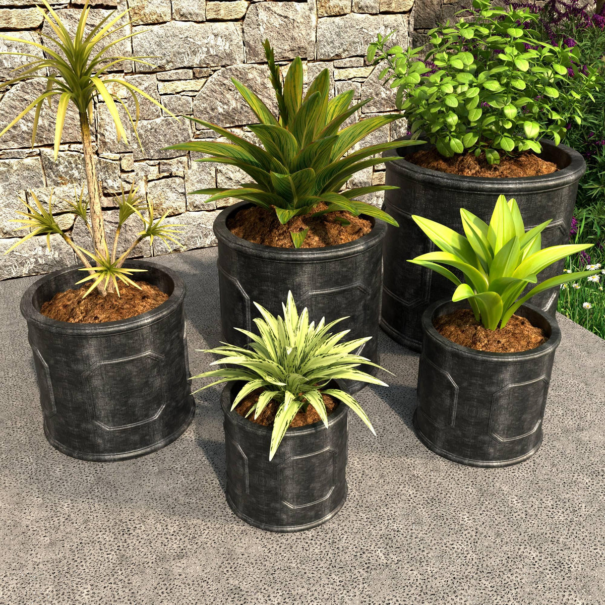 Meadow 5-Piece Fiberstone and MGO Clay Planter Set, Mid-Century Modern Round Planter Pot for Indoor and Outdoor - Elax Furniture
