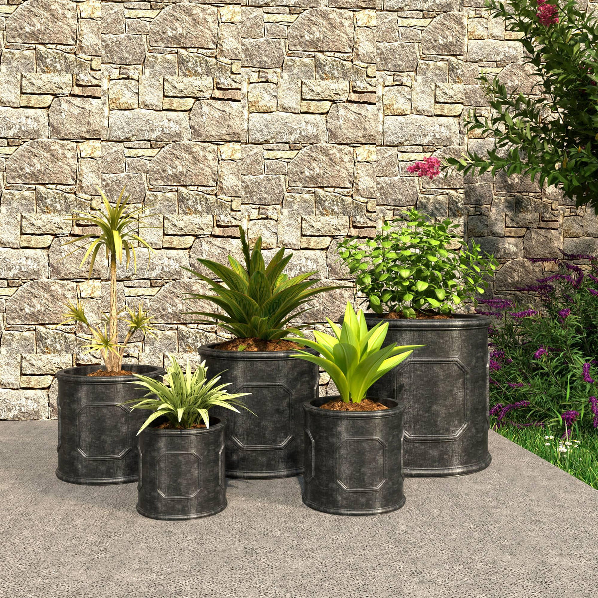 Meadow 5-Piece Fiberstone and MGO Clay Planter Set, Mid-Century Modern Round Planter Pot for Indoor and Outdoor - Elax Furniture