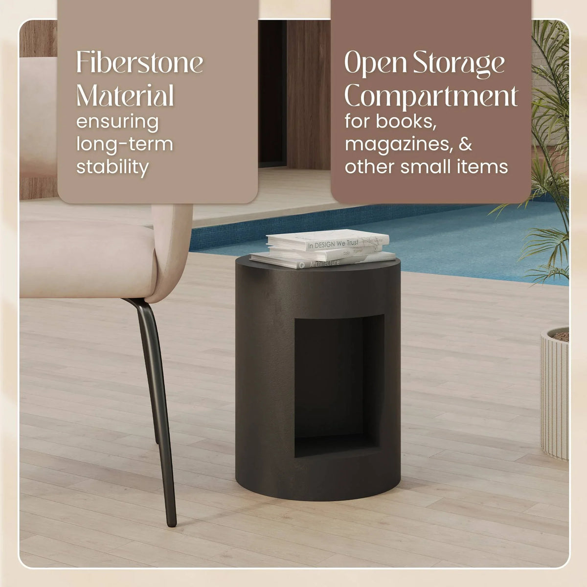 Nook 14" Wide Round Fiberstone Side Table With Open Storage Compartment - Elax Furniture