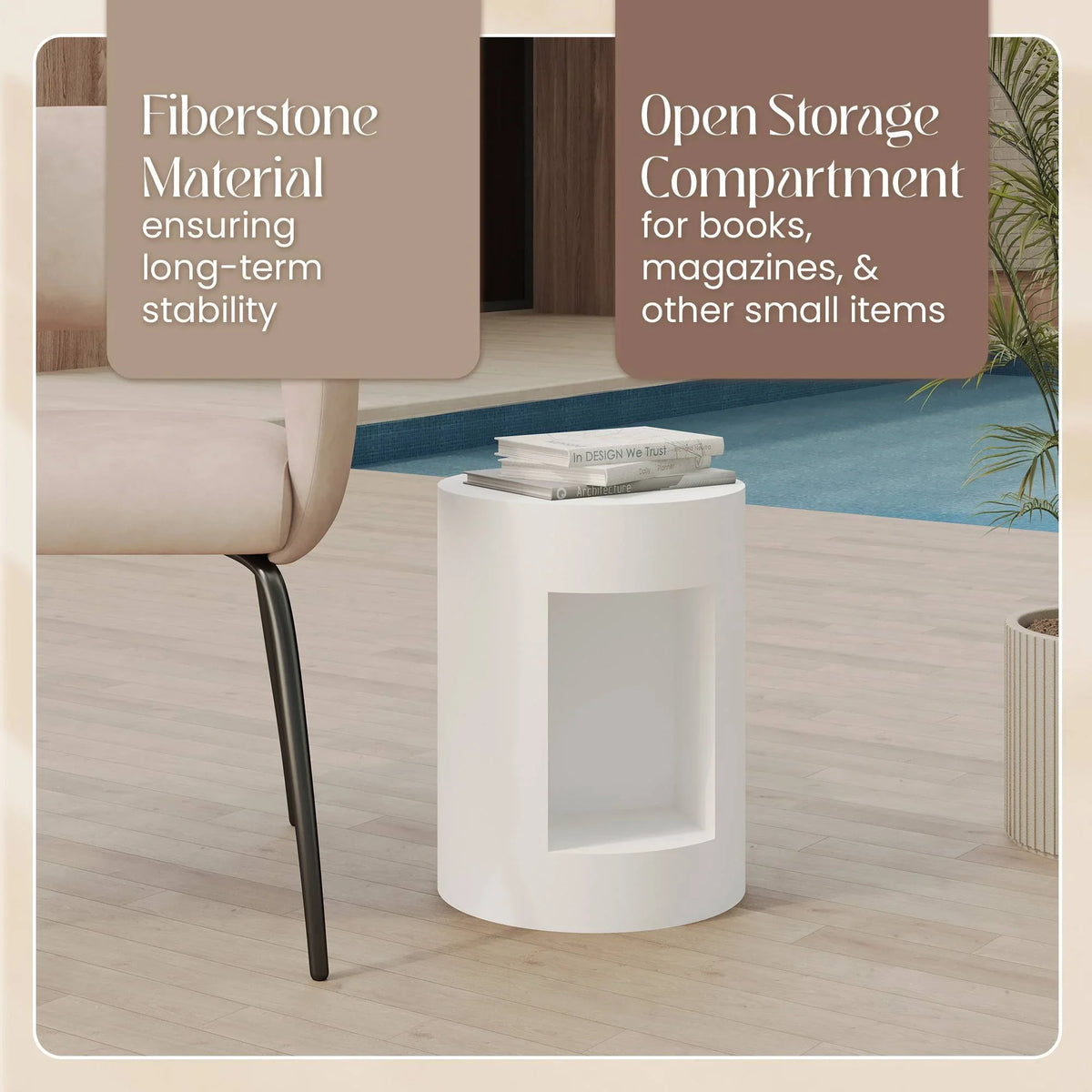 Nook 14" Wide Round Fiberstone Side Table With Open Storage Compartment - Elax Furniture