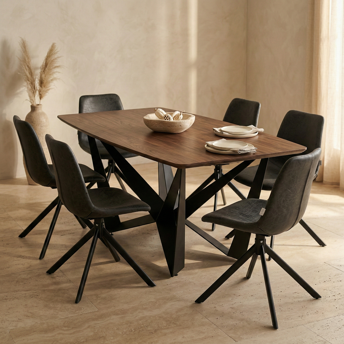 Nuvor Dining Table with Rectangular Sintered Stone/Glass Tabletop and Black Steel Legs