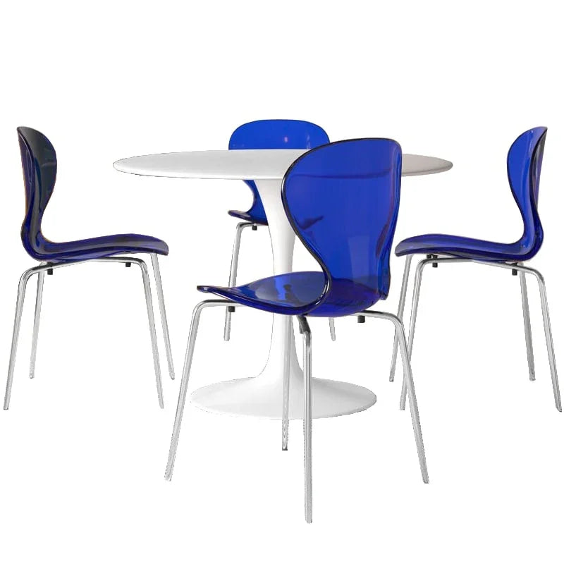 LeisureMod 5-Piece Dining Set Round White MDF Dining Table and 4 Acrylic Dining Chairs with Chrome Legs