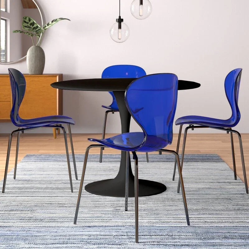 LeisureMod 5-Piece Dining Set Round Black MDF Dining Table and 4 Acrylic Dining Chairs with Chrome Legs - Elax Furniture