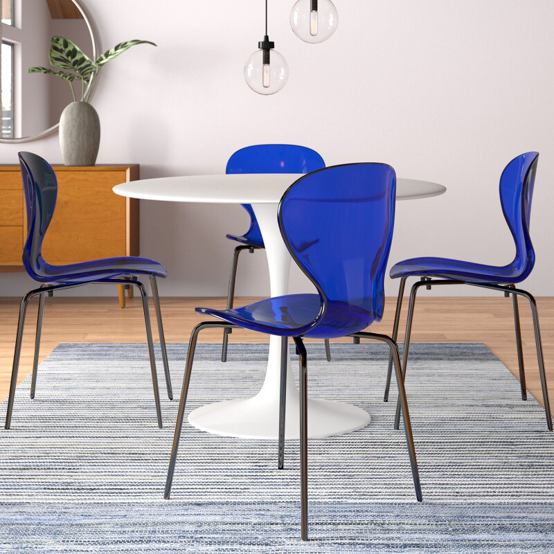 Oyster Modern Stackable Dining Side Chair with Chrome/White/Black Stainless Steel Legs Black Transparent Blue Dining Chair Leisuremod