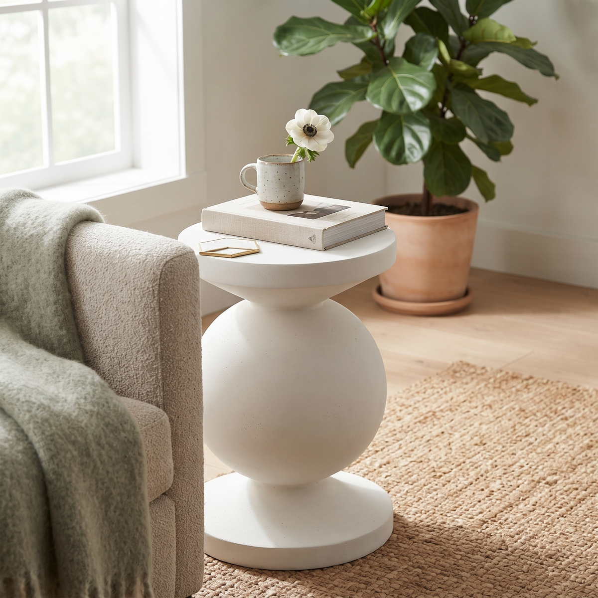 Pillar End/Side Table in Fiberstone Hourglass Design for Indoor and Outdoor