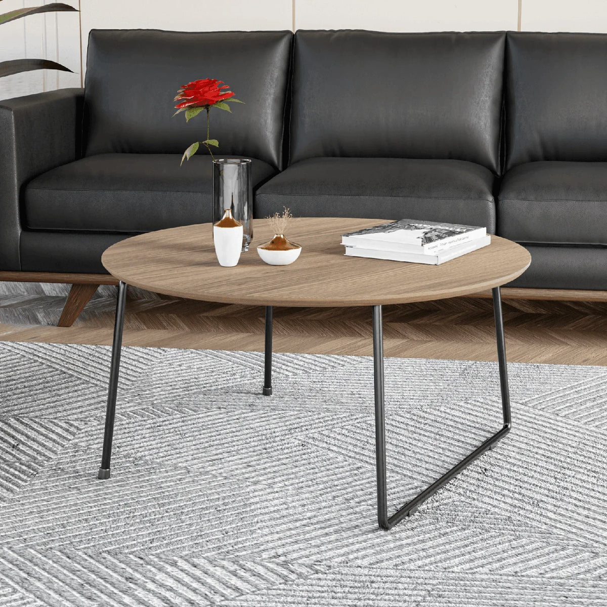 Pemborke Round Coffee Table with Oak Wood Tabletop in Iron - Elax Furniture