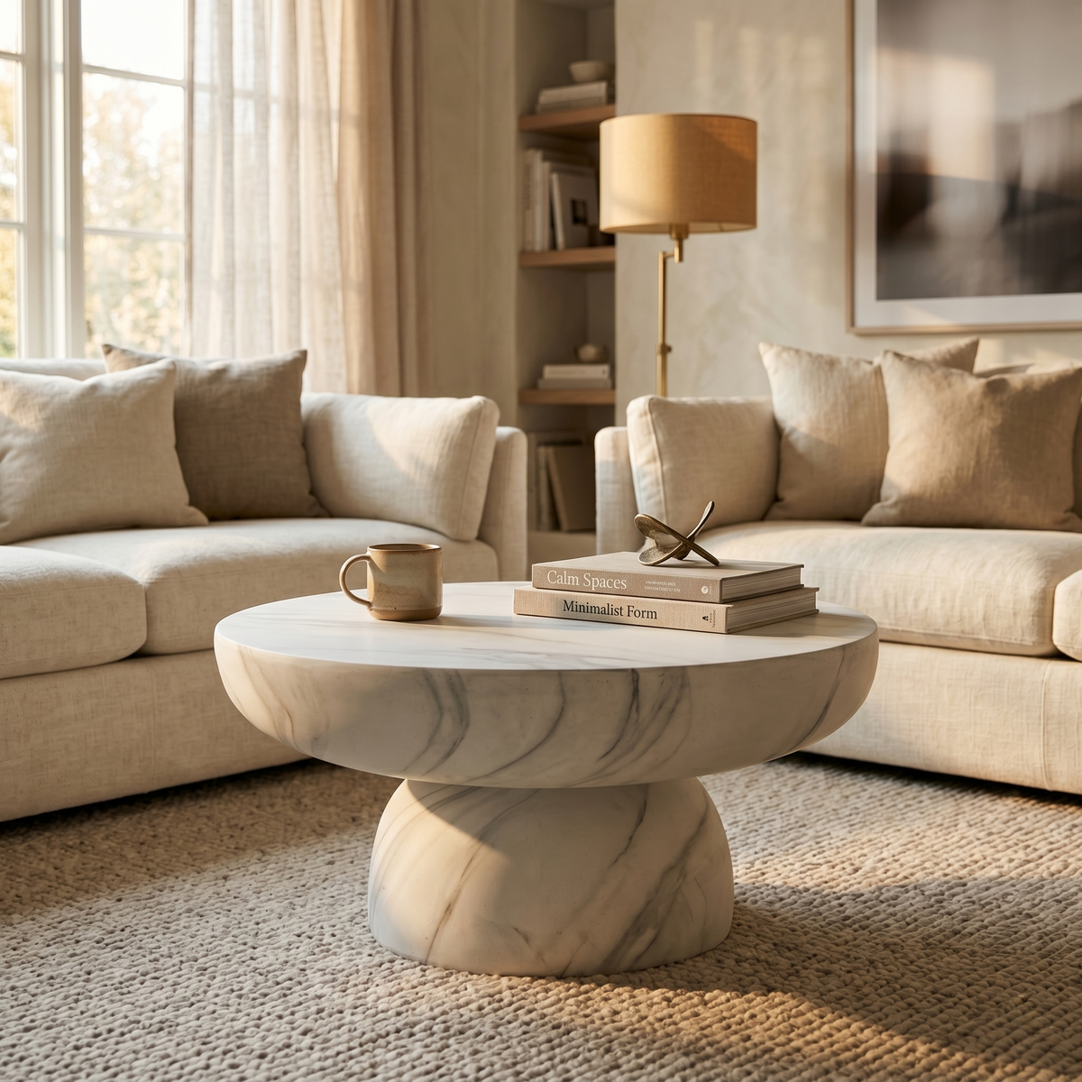 Ruben 27" Round Fiberstone Coffee Table with Powder-Coated Finish Centerpiece
