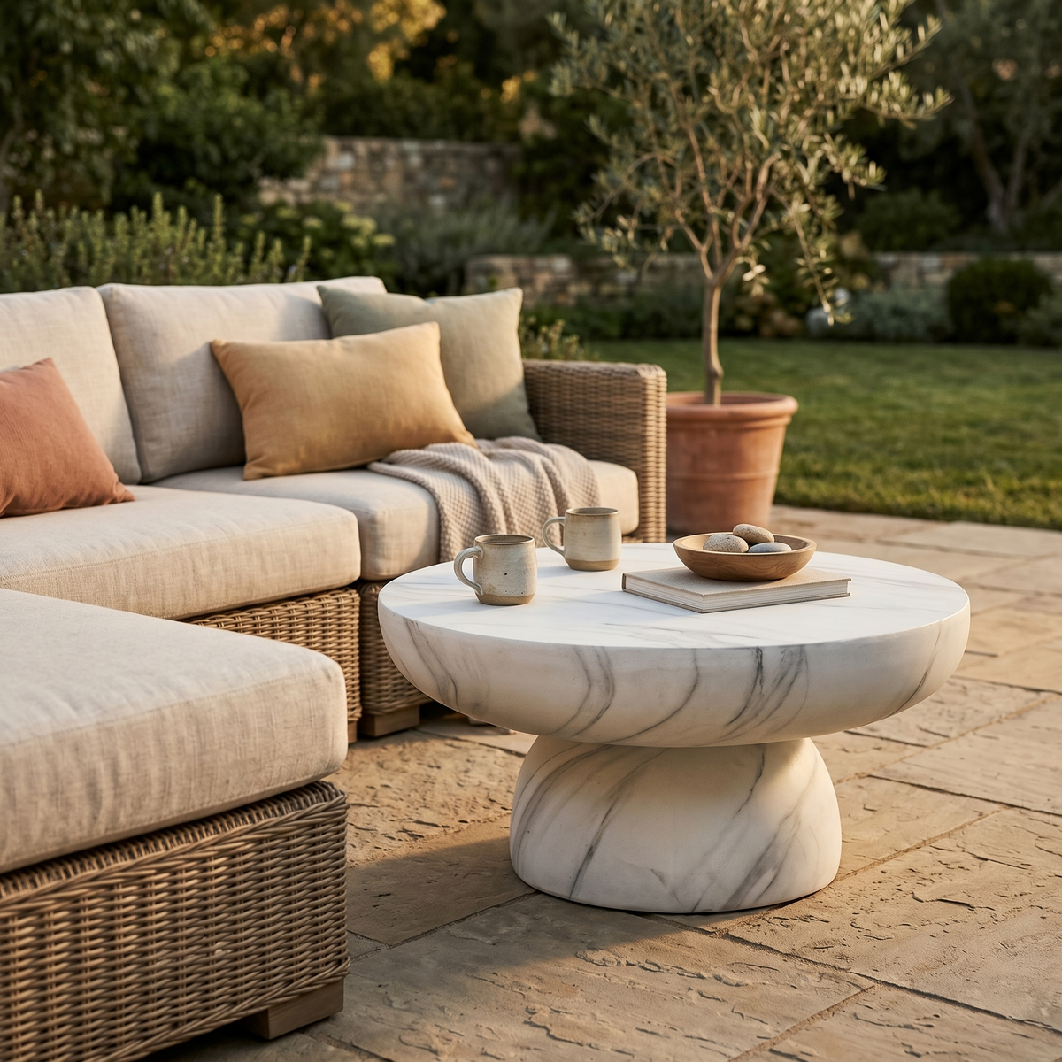 Ruben 27" Round Fiberstone Coffee Table with Powder-Coated Finish Centerpiece