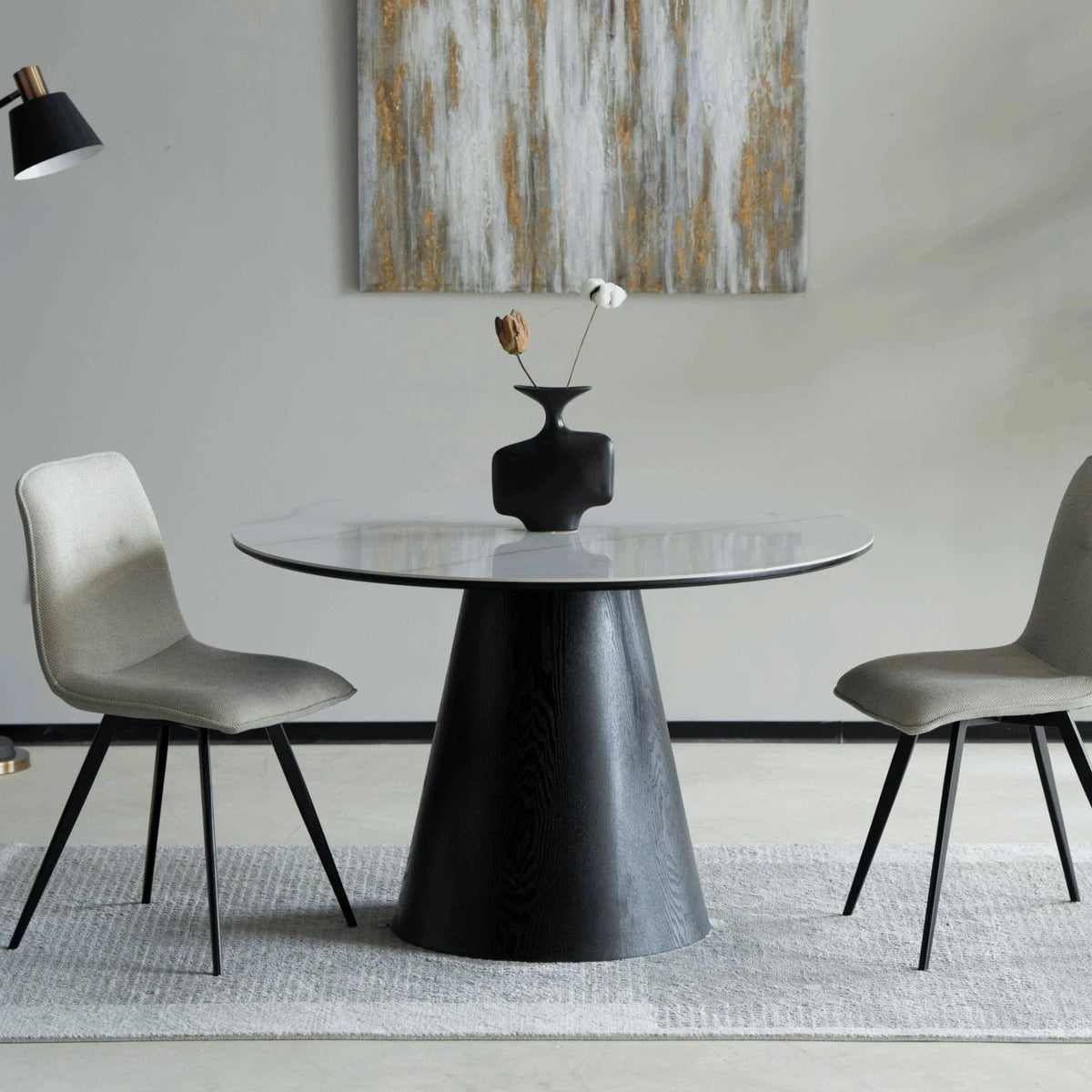 Riven 47" Round Dining Table with Sintered Stone Top and Ash Wood Veneer Base - Elax Furniture