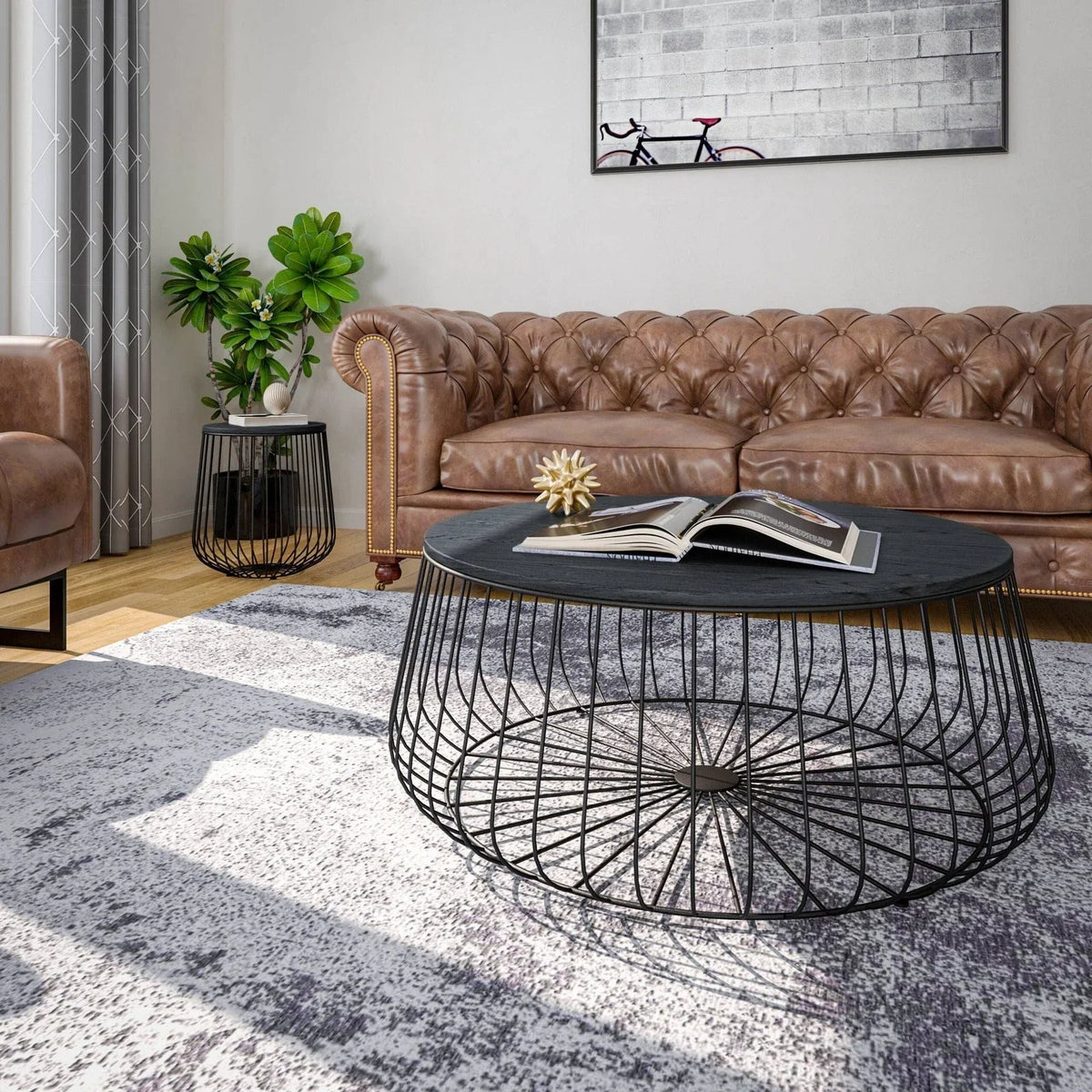Runswick Round End Table Wood Tabletop With Steel Drum Base for Storage - Elax Furniture