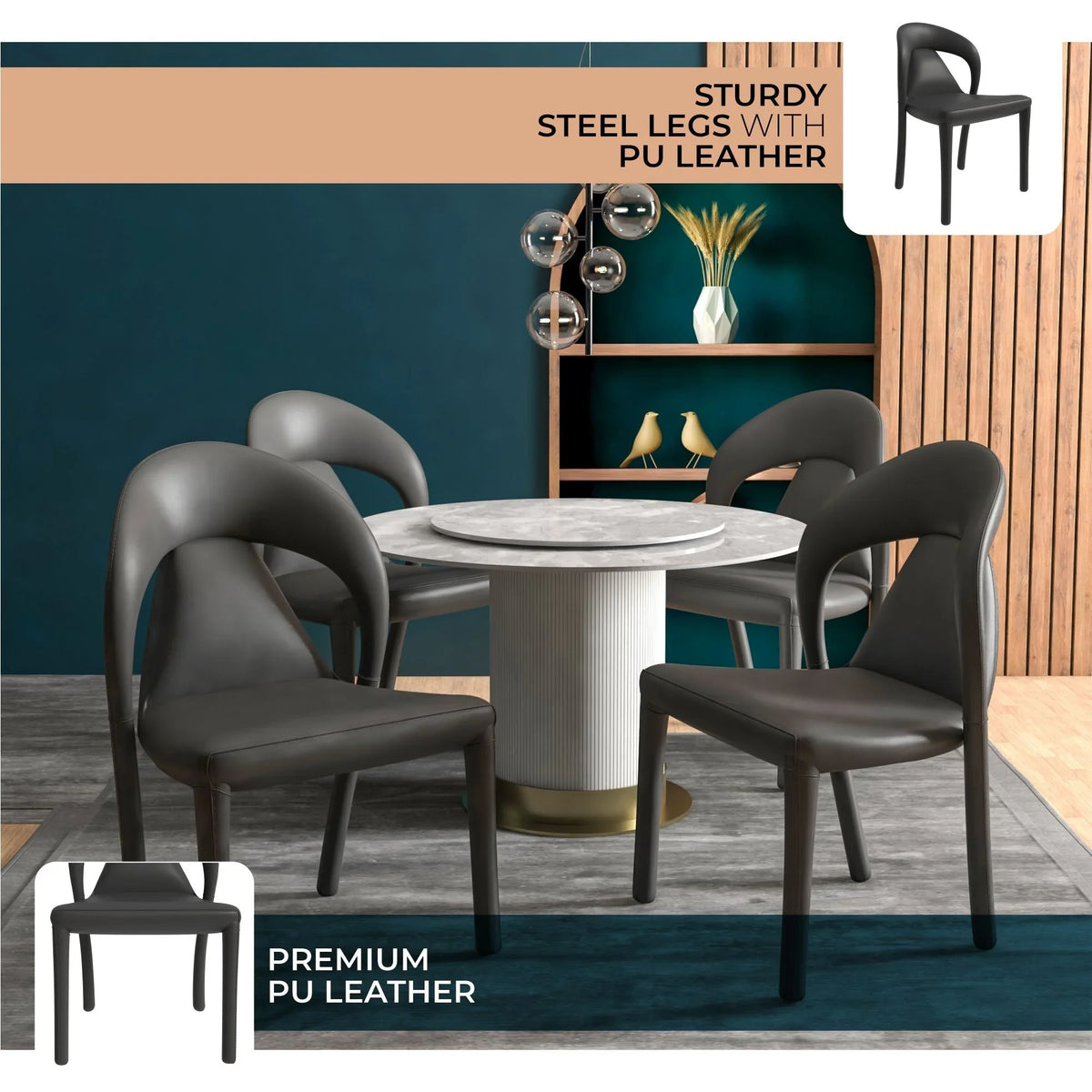 Solace Series Dining Chair Upholstered in Leather with Steel Legs and an Open Back Design - Elax Furniture