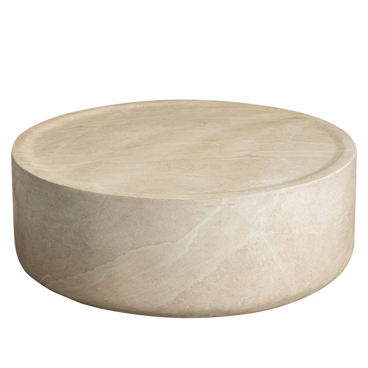 Sandy 32" Round Coffee Table, Travertine Finish, Fiberstone, Indoor/Outdoor