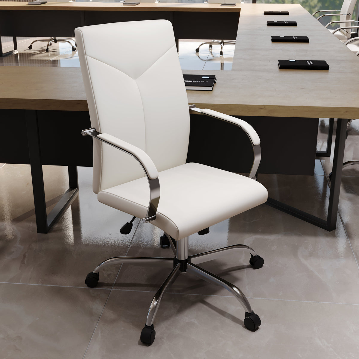 Sonora High-Back Leather Office Chair in Chrome Steel Base White Office Chair Leisuremod