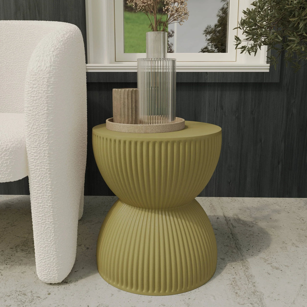 Spire 15" Wide Round Side Fiberstone Table With Hourglass Design - Elax Furniture